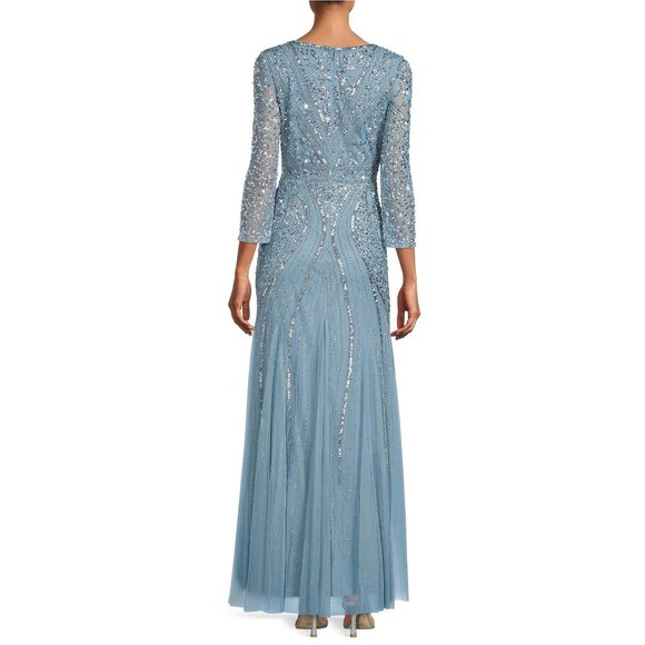 Adrianna Papell Beaded V-Neck 3/4 Sleeve A-Line Gown Air sky NWT Size 0 - Picture 2 of 4